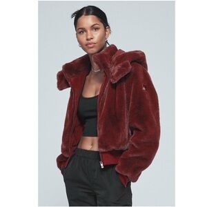 ALO Yoga Faux Fur Hooded Full Zip Jacket Burgundy Red